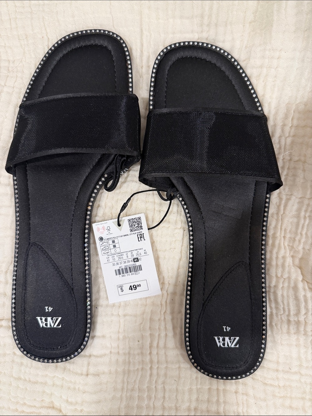 ZARA Black Slide Sandals with Crystal-Trim Edge